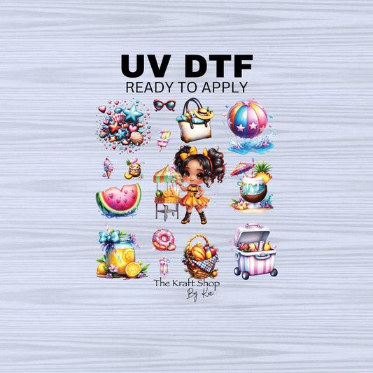 UV DTF Sticker prints. Summer girls element sheet. Cute little girls with summer elements permanent sticker. #7289