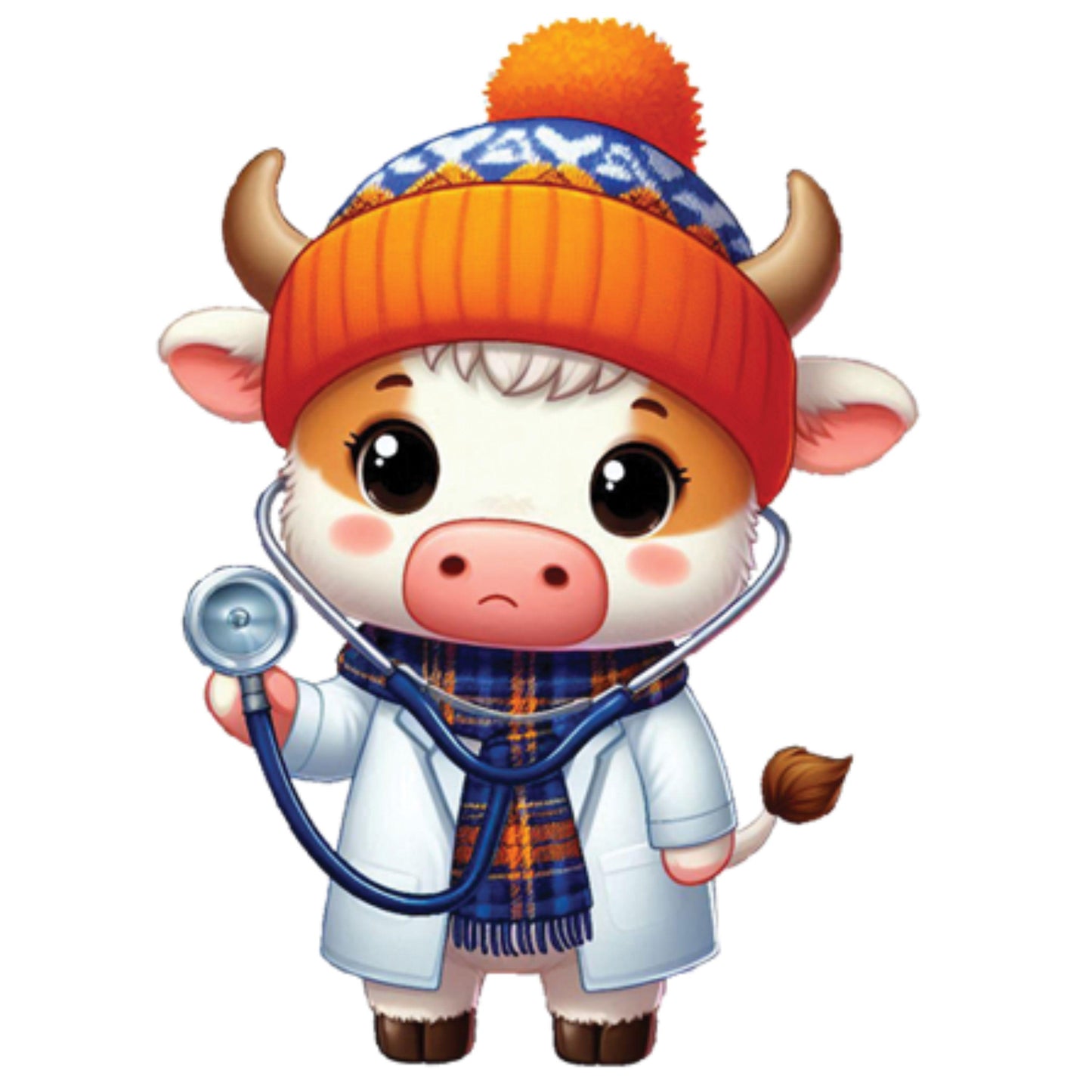 UV DTF Sticker prints. Doctor cow with beanie and plaid scarf decals, permanent sticker.#1072
