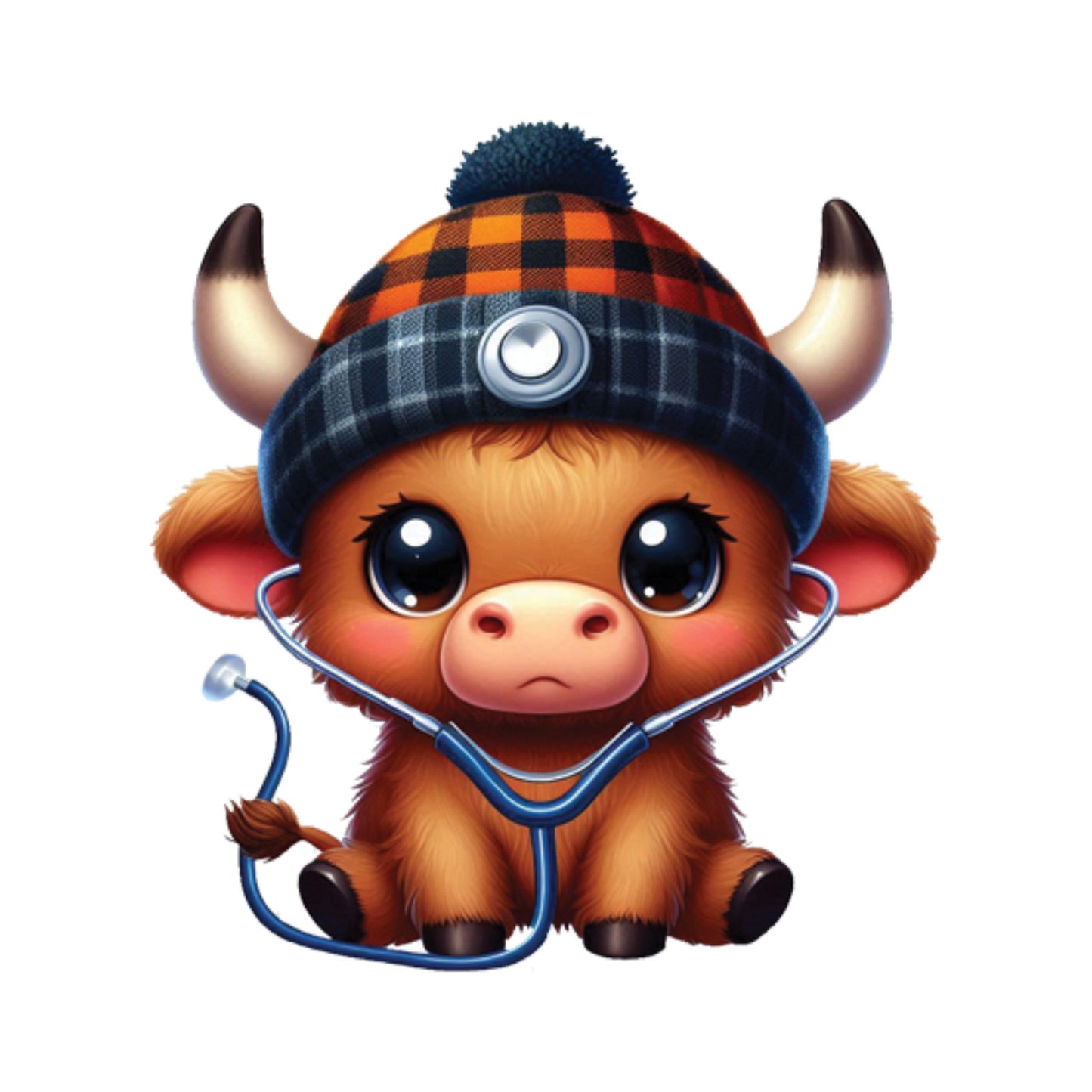 UV DTF Sticker prints. Baby highland cow with beanie and stethoscope decals, permanent sticker.#1073