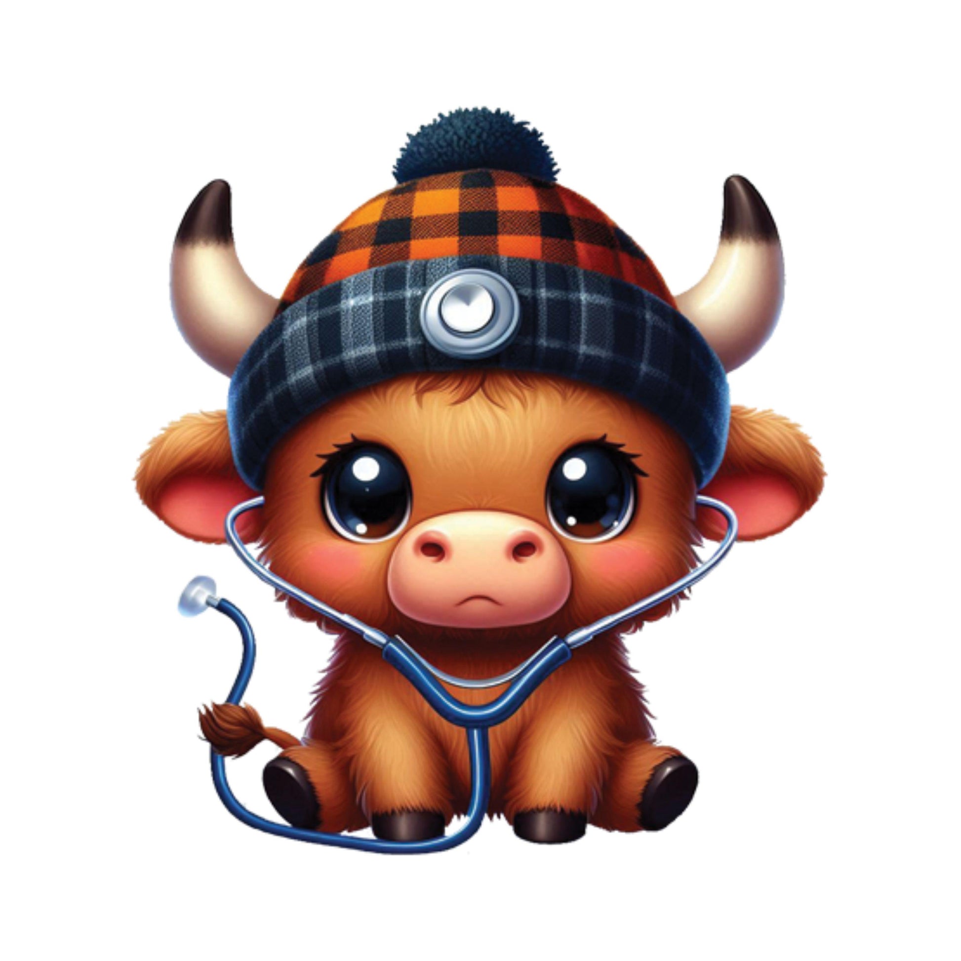 UV DTF Sticker prints. Baby highland cow with beanie and stethoscope decals, permanent sticker.#1073