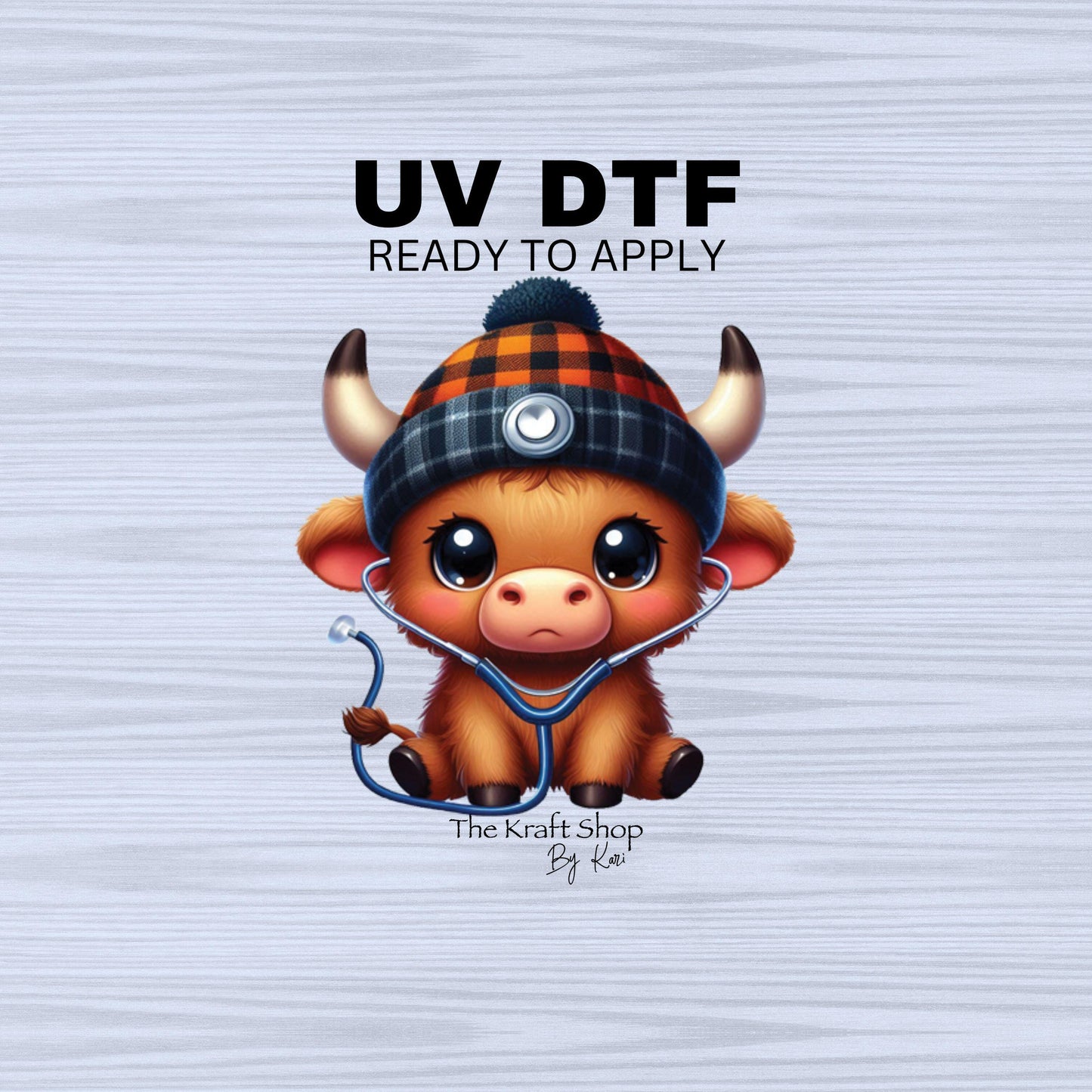 UV DTF Sticker prints. Baby highland cow with beanie and stethoscope decals, permanent sticker.#1073