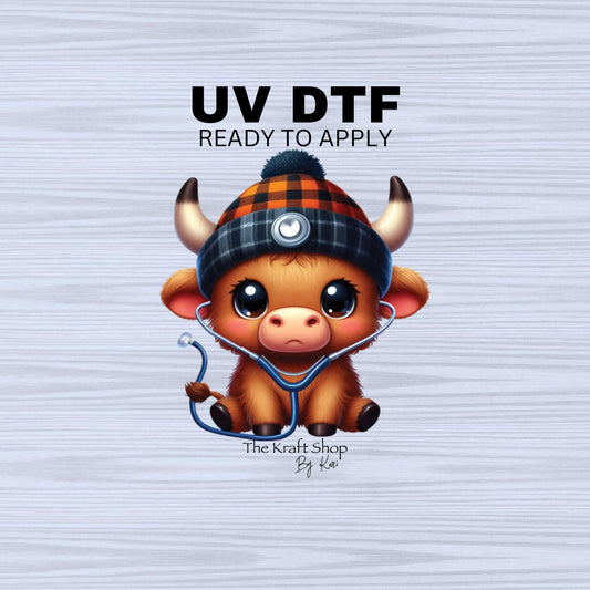 UV DTF Sticker prints. Baby highland cow with beanie and stethoscope decals, permanent sticker.#1073