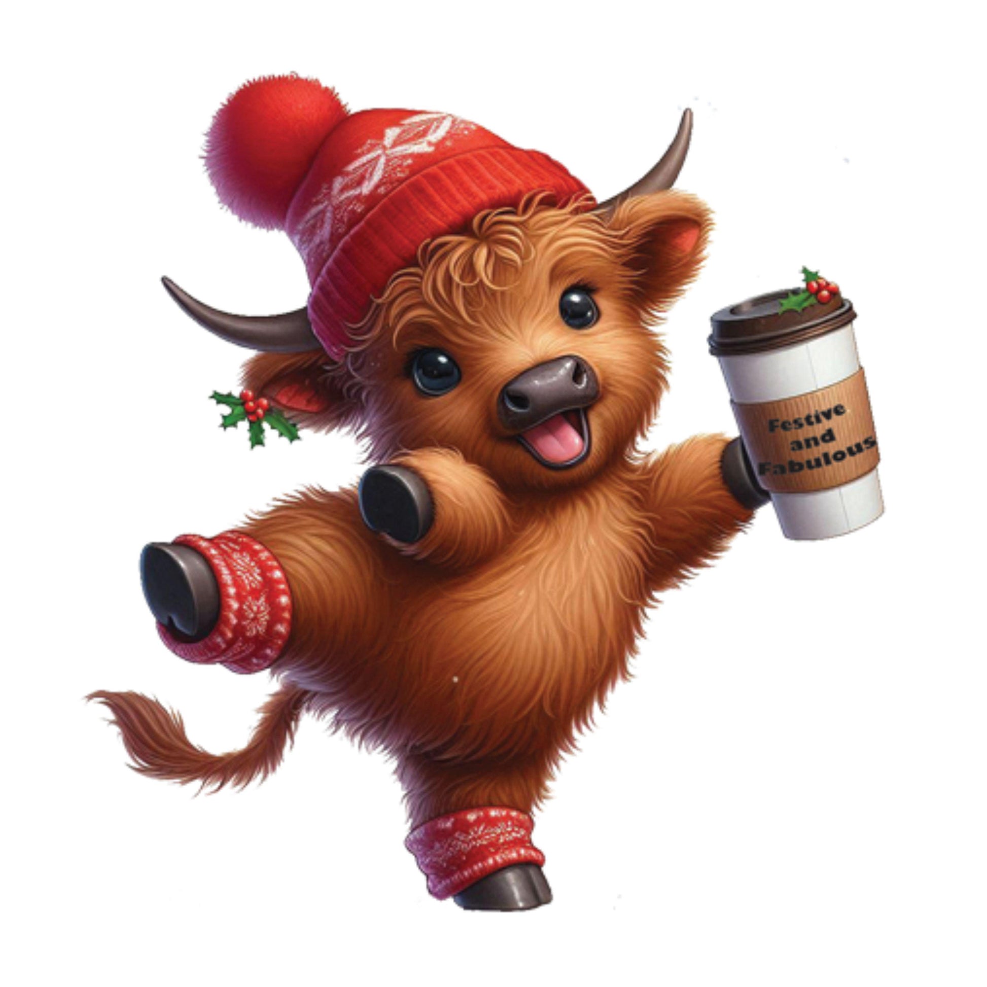 UV DTF Sticker prints. Dancing Christmas highland cow with coffee and beanie festive and fabulous decals, permanent sticker.#7293