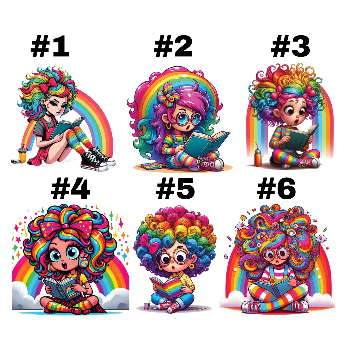 UV DTF Sticker print. Rainbow quirky girls reading books decal, tumbler decal, permanent sticker. #10265