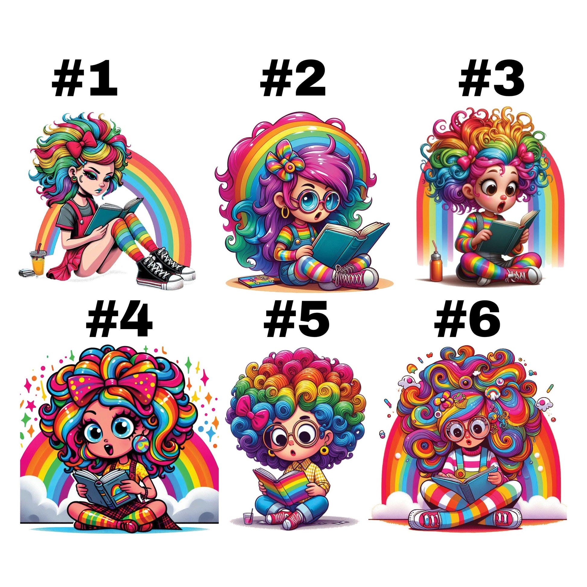 UV DTF Sticker print. Rainbow quirky girls reading books decal, tumbler decal, permanent sticker. #10265