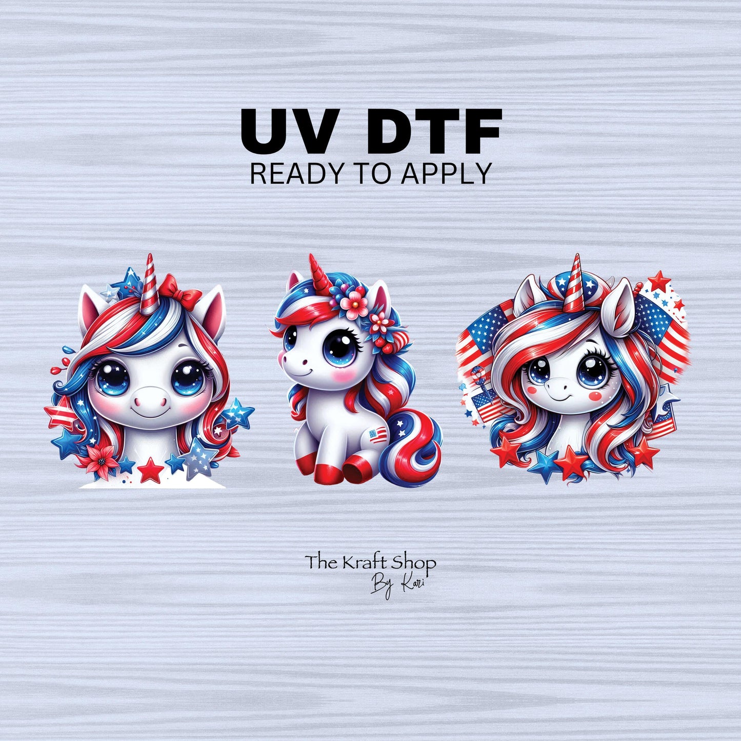 UV DTF Sticker print. 4th of July unicorn trio os 3 decals, tumbler decal, permanent sticker. #7297