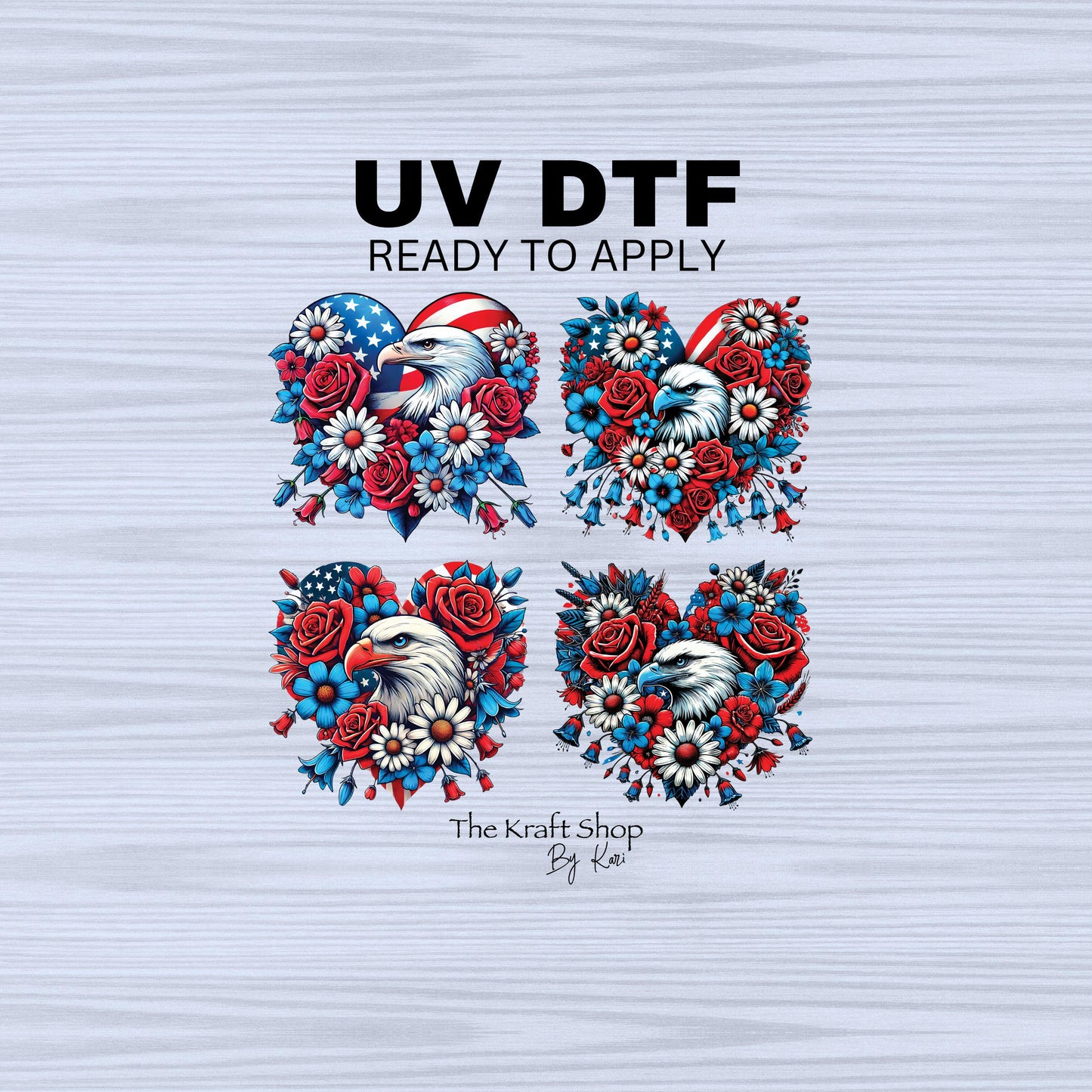 UV DTF Sticker prints. Heart Eagle Patriotic 4th of July bundle of 4 decals, permanent sticker.#7314