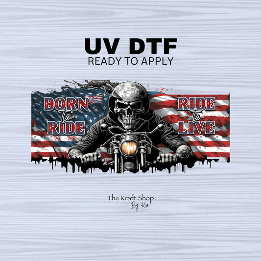 UV DTF Sticker print. Biker born to ride ride to live with flag decals tumbler decal. Glass can wrap. #5320