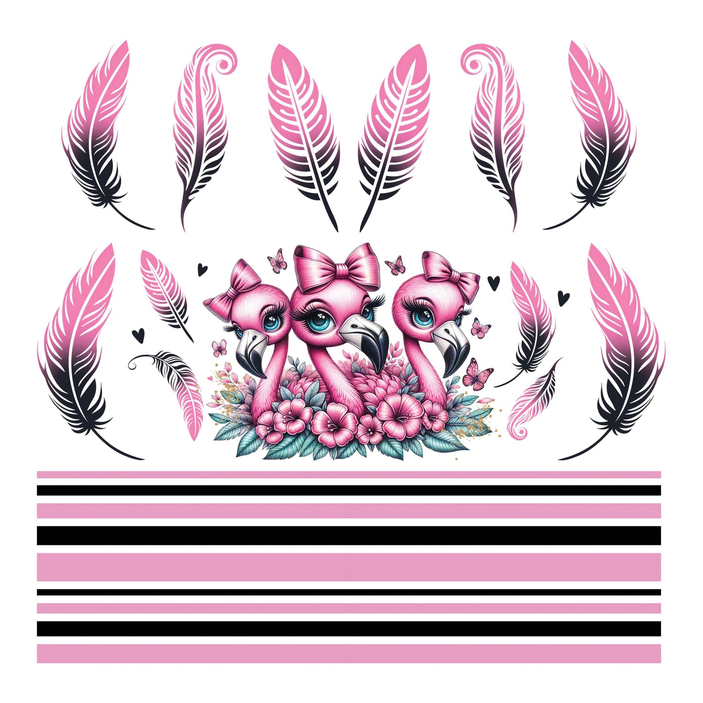 UV DTF Sticker prints. Flamingo trio with feathers mixed media bands element sheet bundle decal, permanent sticker. #10268