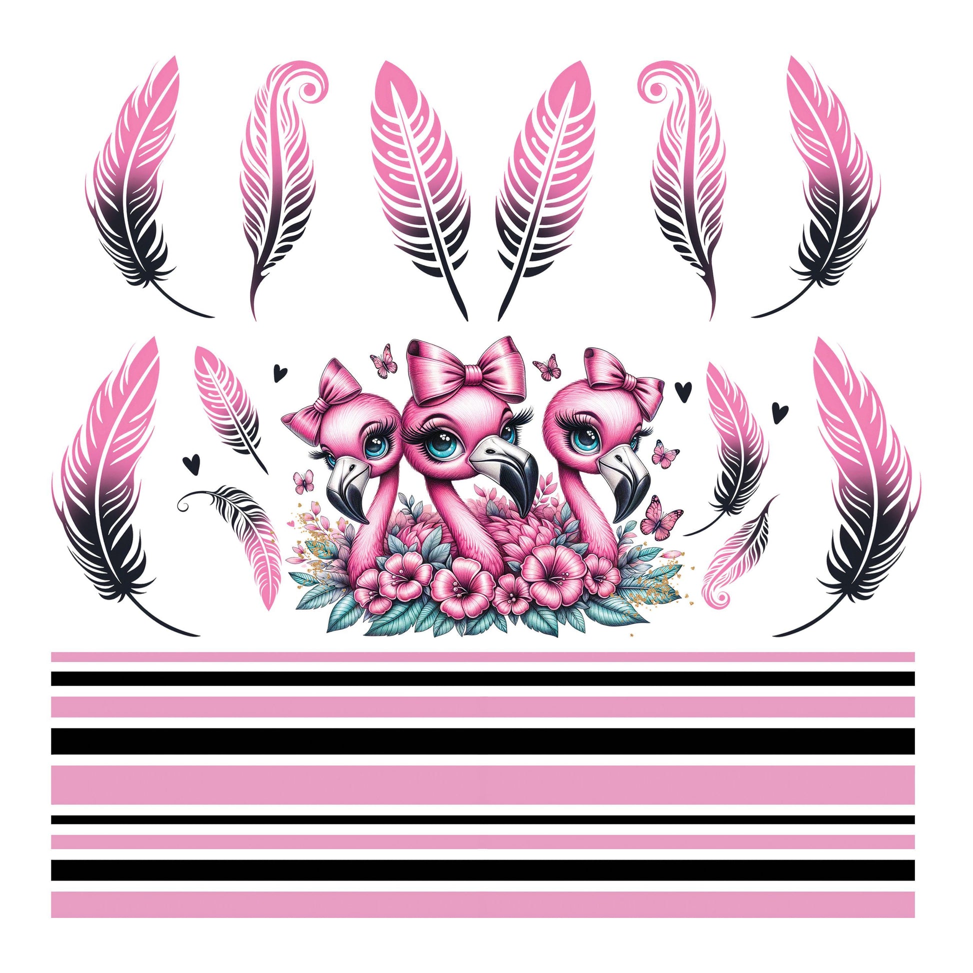 UV DTF Sticker prints. Flamingo trio with feathers mixed media bands element sheet bundle decal, permanent sticker. #10268