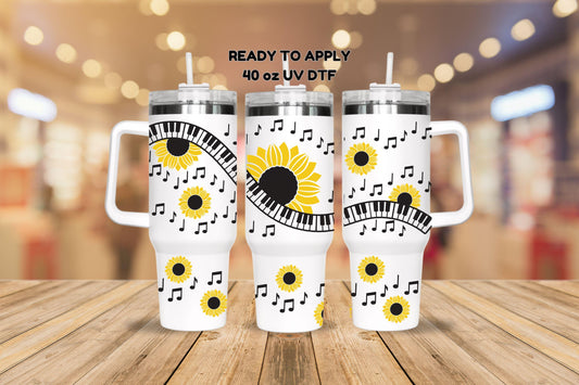 UV DTF 40 oz ready to apply Music notes and sunflowers, 40 oz quencher tumbler decal #3139