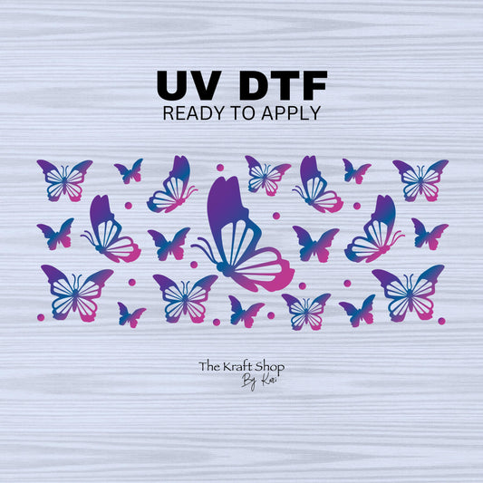 UV DTF Sticker print. Ombre butterfly wrap with purple and pink butterflies decals tumbler decal. Glass can wrap. #5310