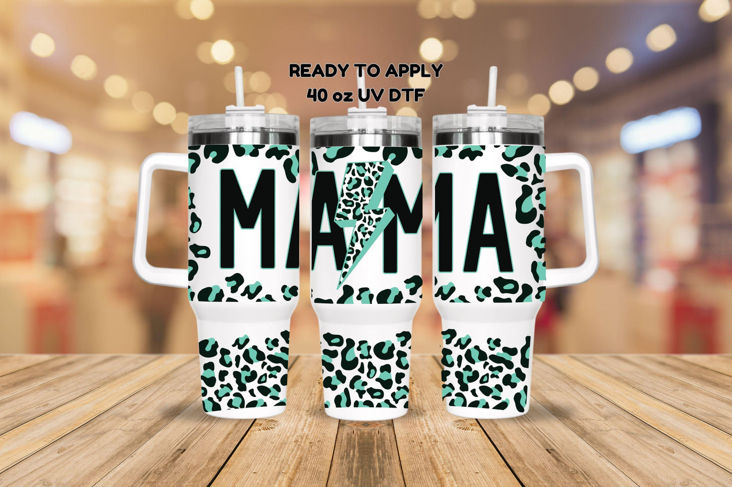 UV DTF 40 oz ready to apply Mama leopard turquoise cheetah spot lightening bolt wrap decal , quencher tumbler decal, UV wrap quenchers #3146