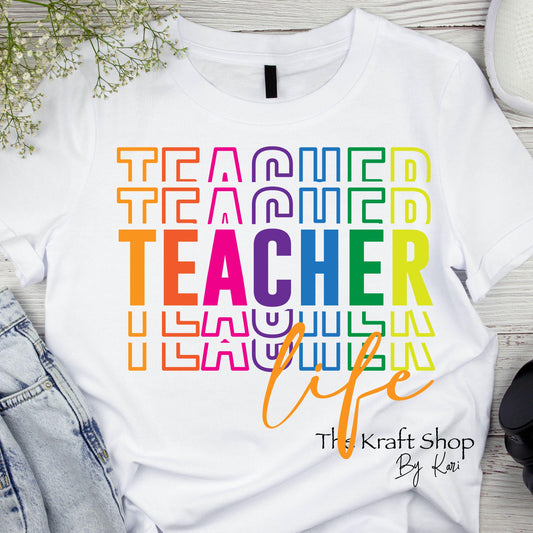 DTF ready to press transfer Neon teacher life stacked letters shirt transfer, DTF Print#11431
