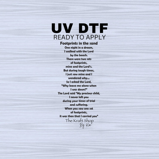 UV DTF Sticker print. Footprints in the sand poem decal, tumbler decal, permanent sticker. Uv wrap for glass can tumbler. #4489
