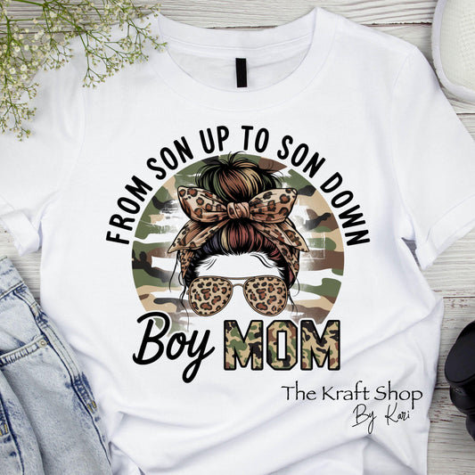 DTF ready to press transfer From Son up to Son down camo cheetah messy bun Mom of boys shirt transfer, DTF Print#11441