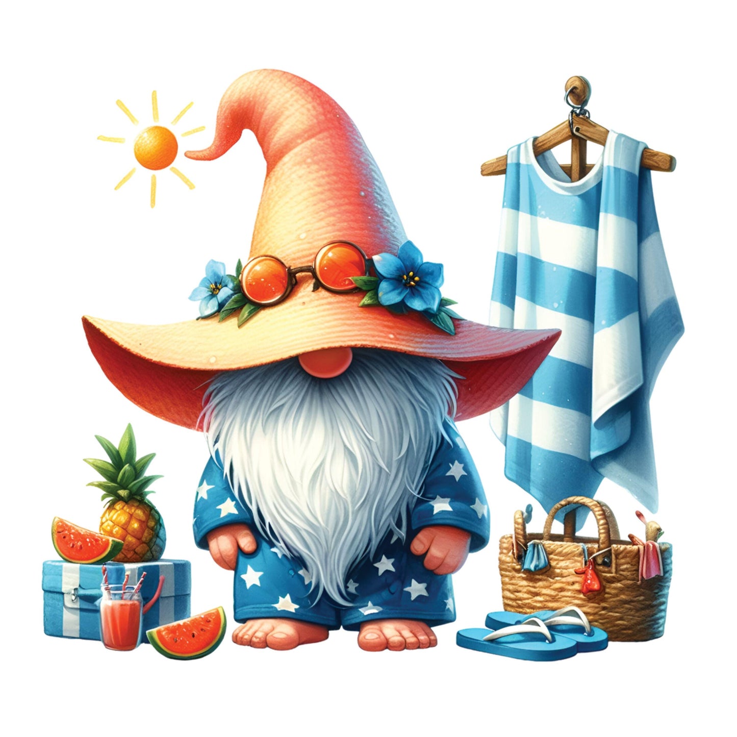 UV DTF Sticker print. Summer gnome with fruit and basket decal, tumbler decal, permanent sticker. #10251