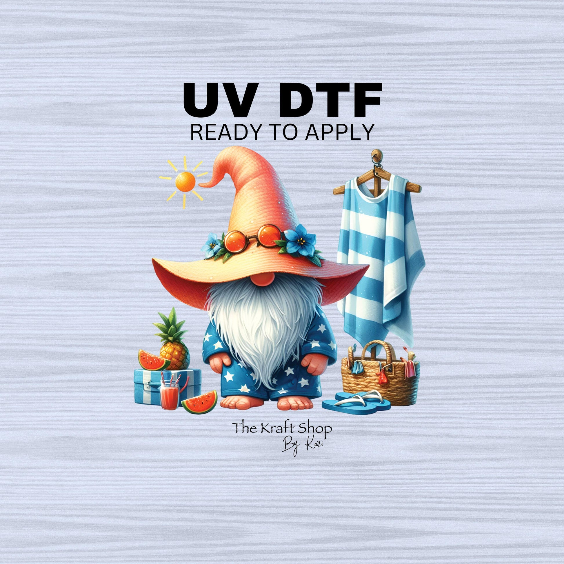 UV DTF Sticker print. Summer gnome with fruit and basket decal, tumbler decal, permanent sticker. #10251