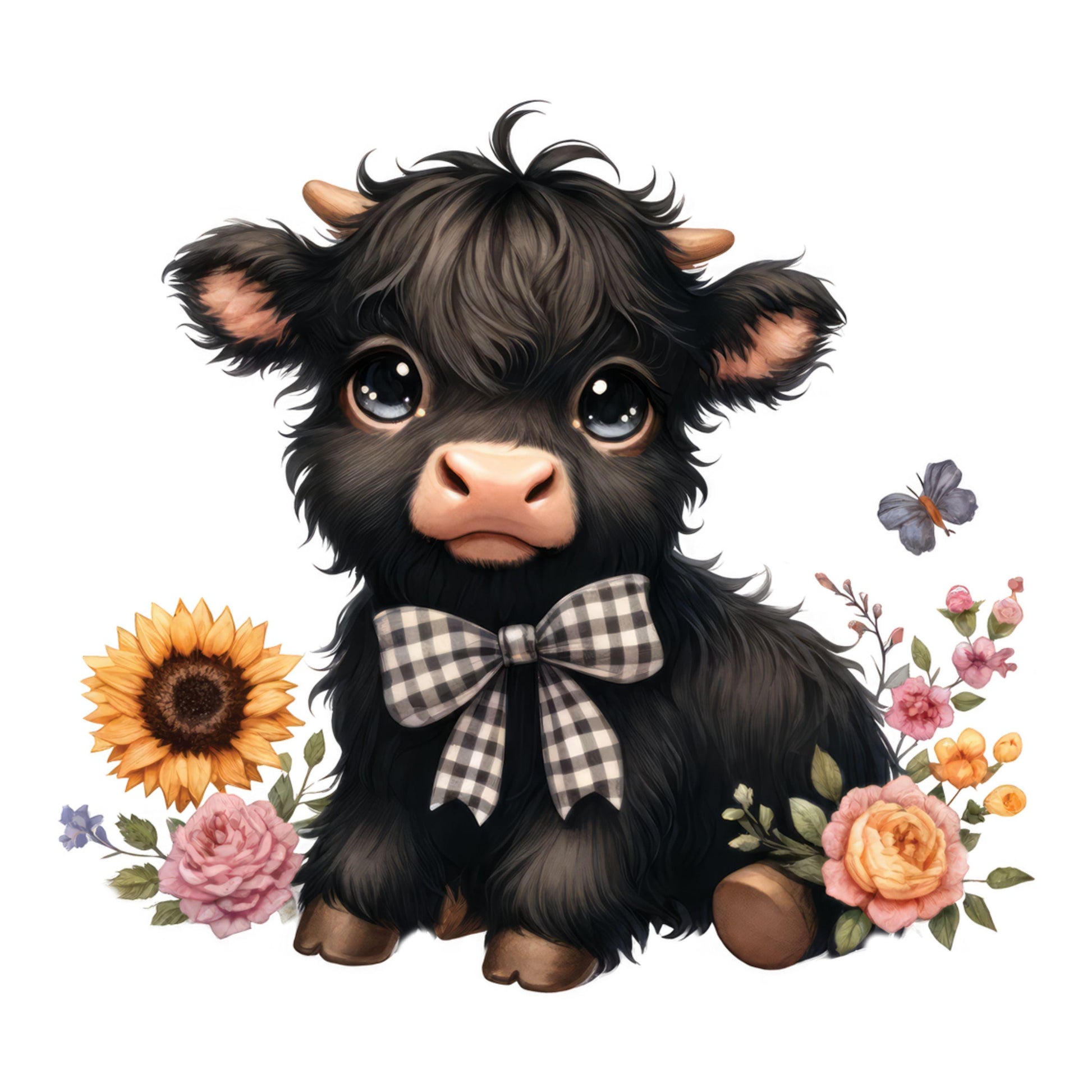 UV DTF Sticker print. Black baby highland cow with sunflowers and roses decal, tumbler decal, permanent sticker. #1070