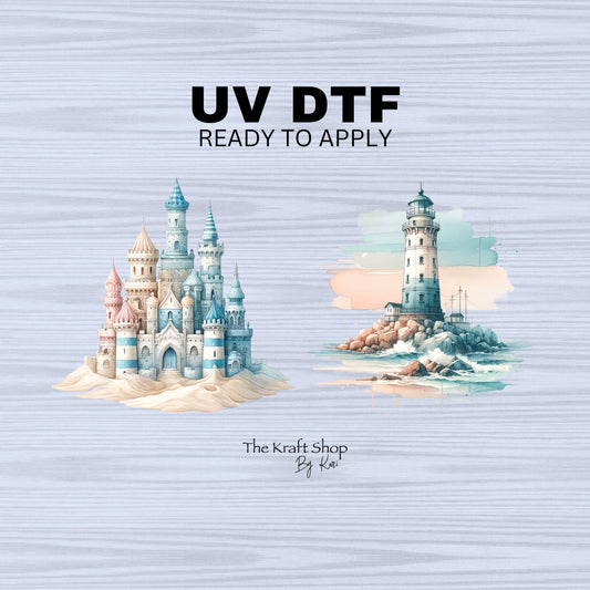 UV DTF Sticker prints. Sandcastle lighthouse bundle of (2) decals, permanent sticker.#10254