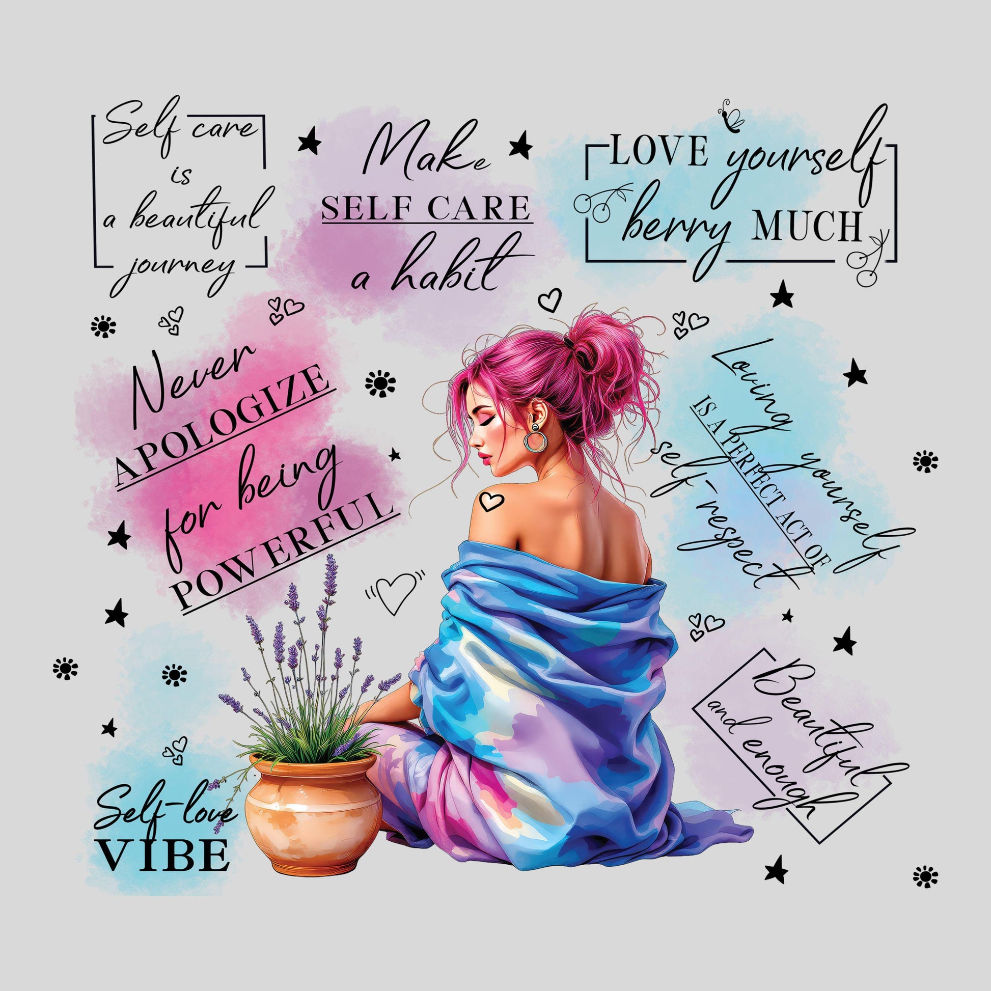 UV DTF Sticker prints. Love Yourself Self Care Beautiful and Enough tumbler wrap decal, permanent sticker. #5316