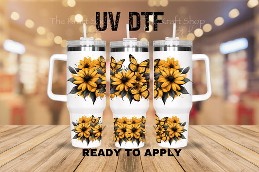 UV DTF 40 oz ready to apply Yellow flowers and butterflies floral wrap Glass can wrap. Permanent sticker. UV wrap quencher #3158