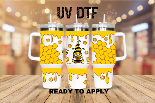 UV DTF 40 oz ready to apply Gnome Honey Bee drip and honeycomb wrap. Permanent sticker. UV wrap quencher #3159