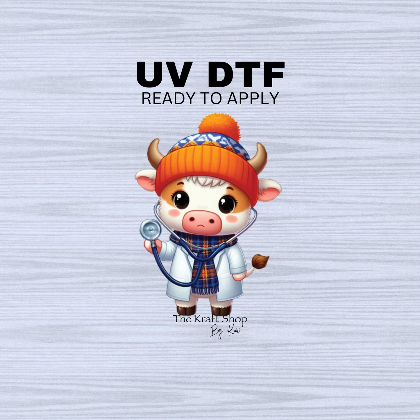 UV DTF Sticker prints. Doctor cow with beanie and plaid scarf decals, permanent sticker.#1072