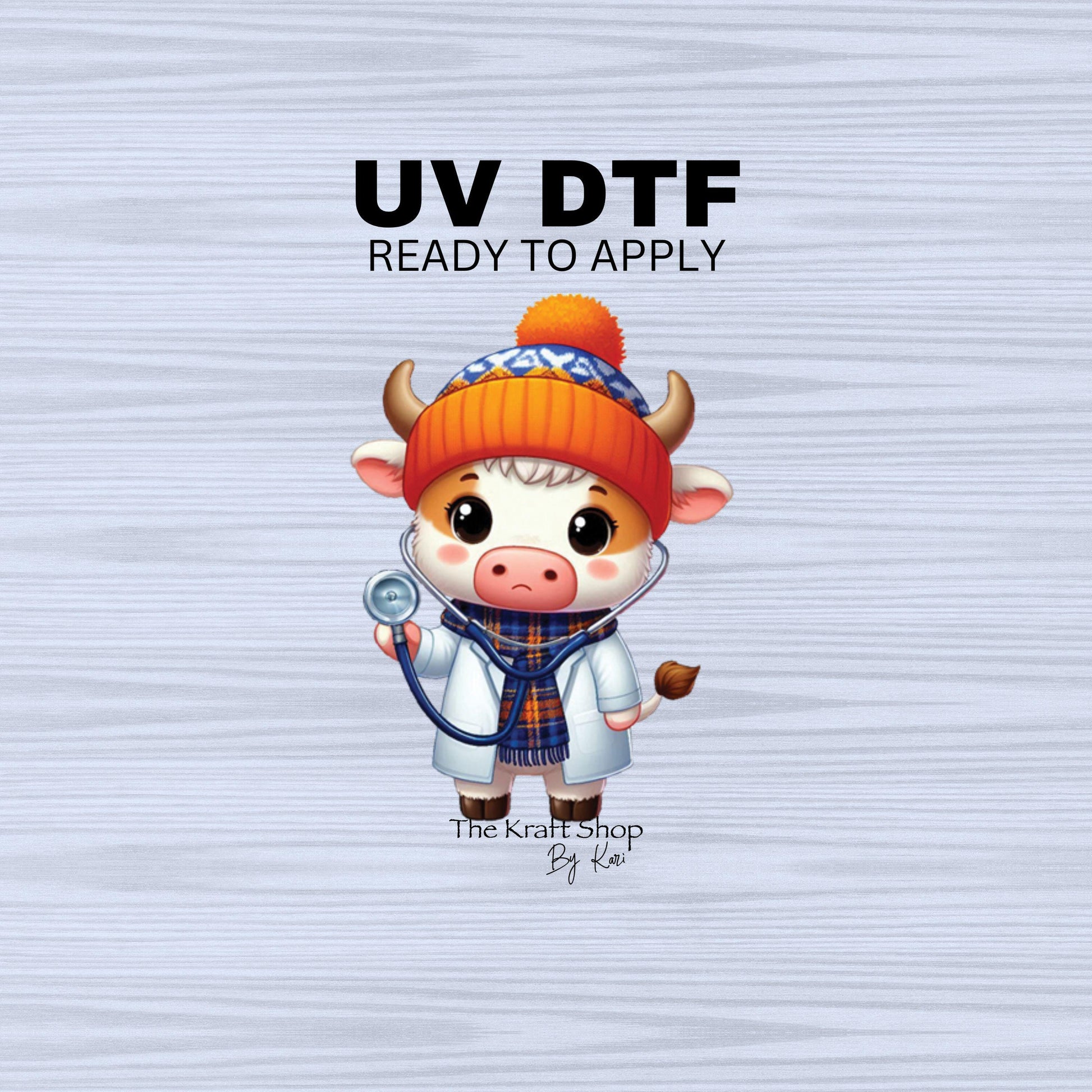 UV DTF Sticker prints. Doctor cow with beanie and plaid scarf decals, permanent sticker.#1072