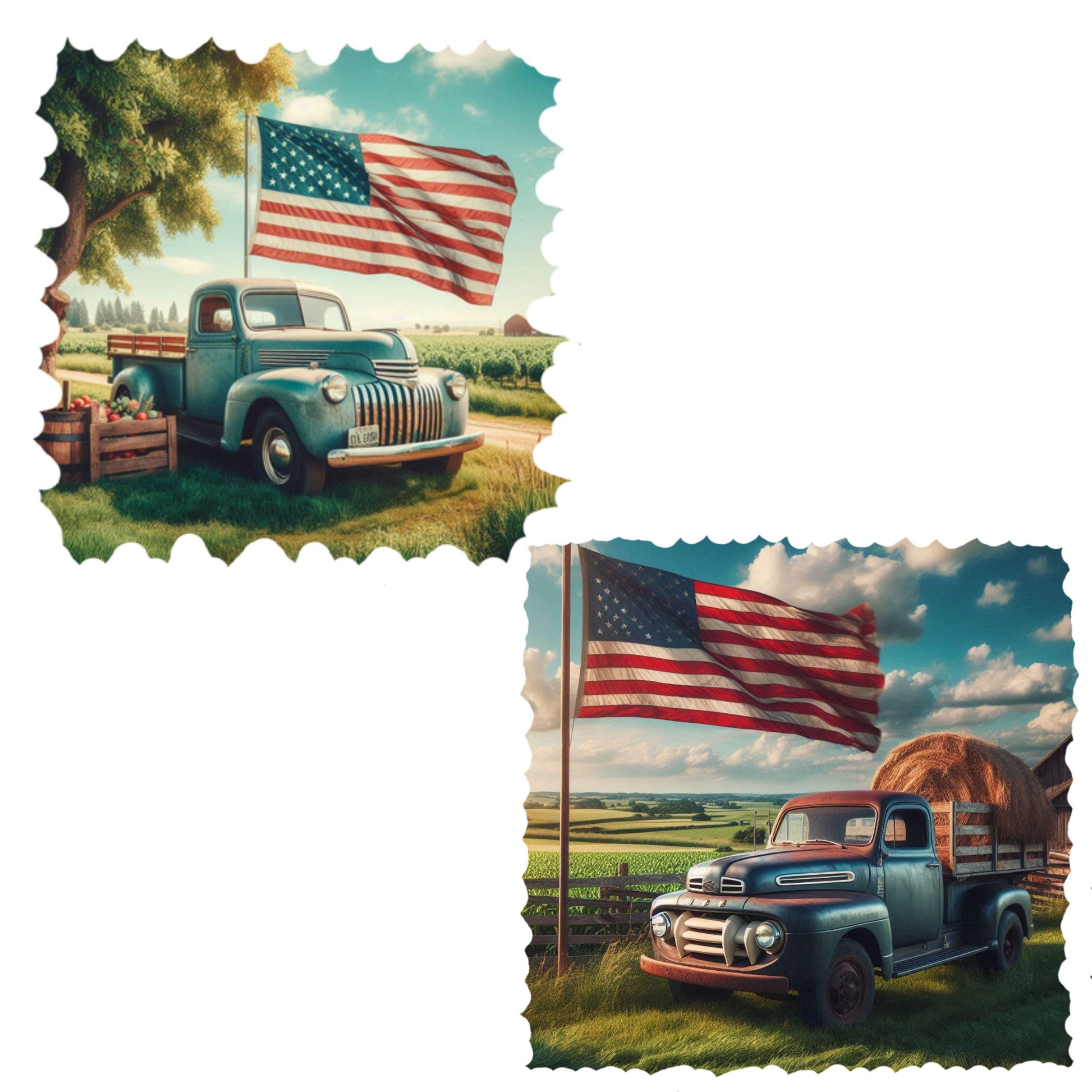 UV DTF Sticker print. Teal truck with American flag in a country scene decal, tumbler decal, permanent sticker. #10261
