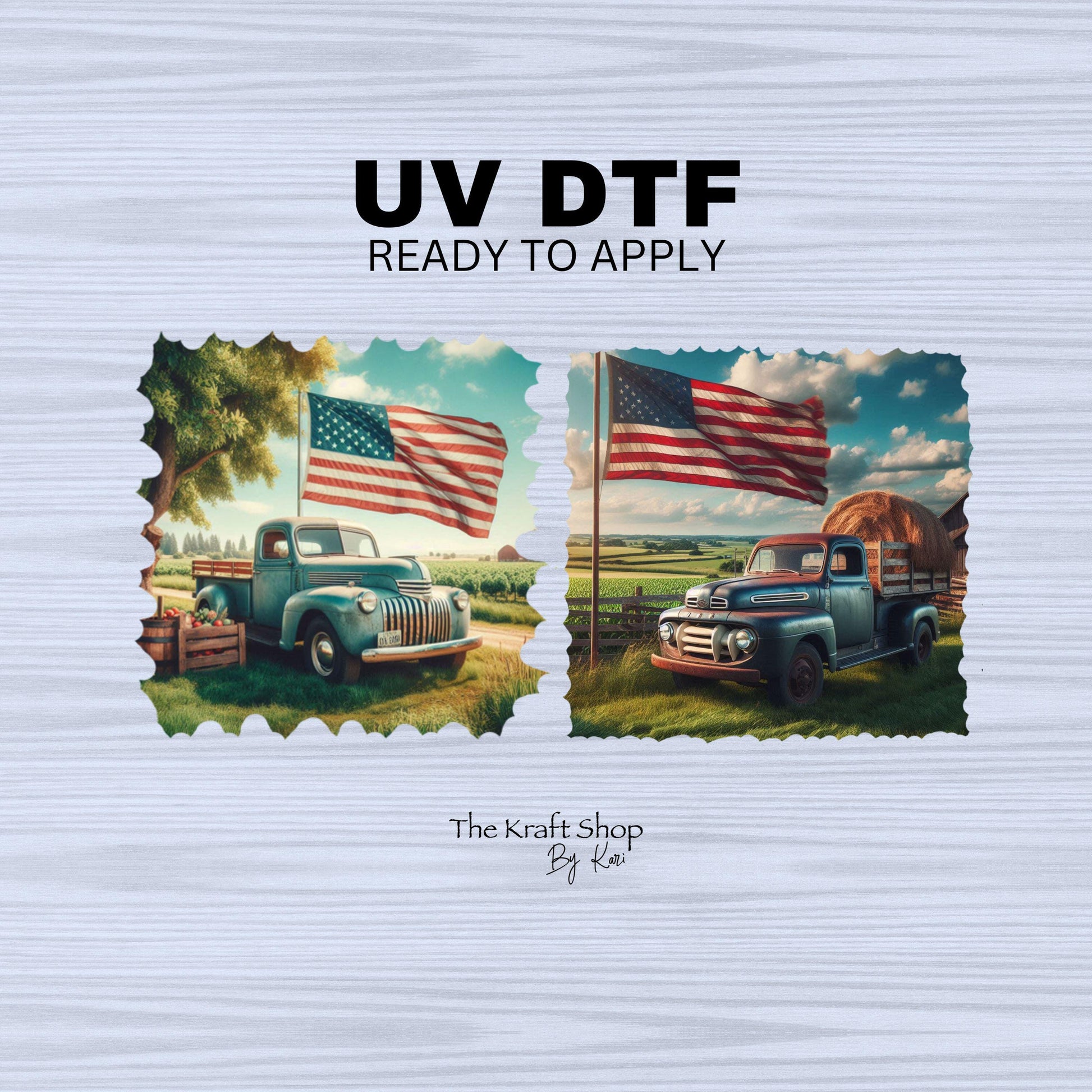 UV DTF Sticker print. Teal truck with American flag in a country scene decal, tumbler decal, permanent sticker. #10261