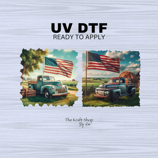 UV DTF Sticker print. Teal truck with American flag in a country scene decal, tumbler decal, permanent sticker. #10261