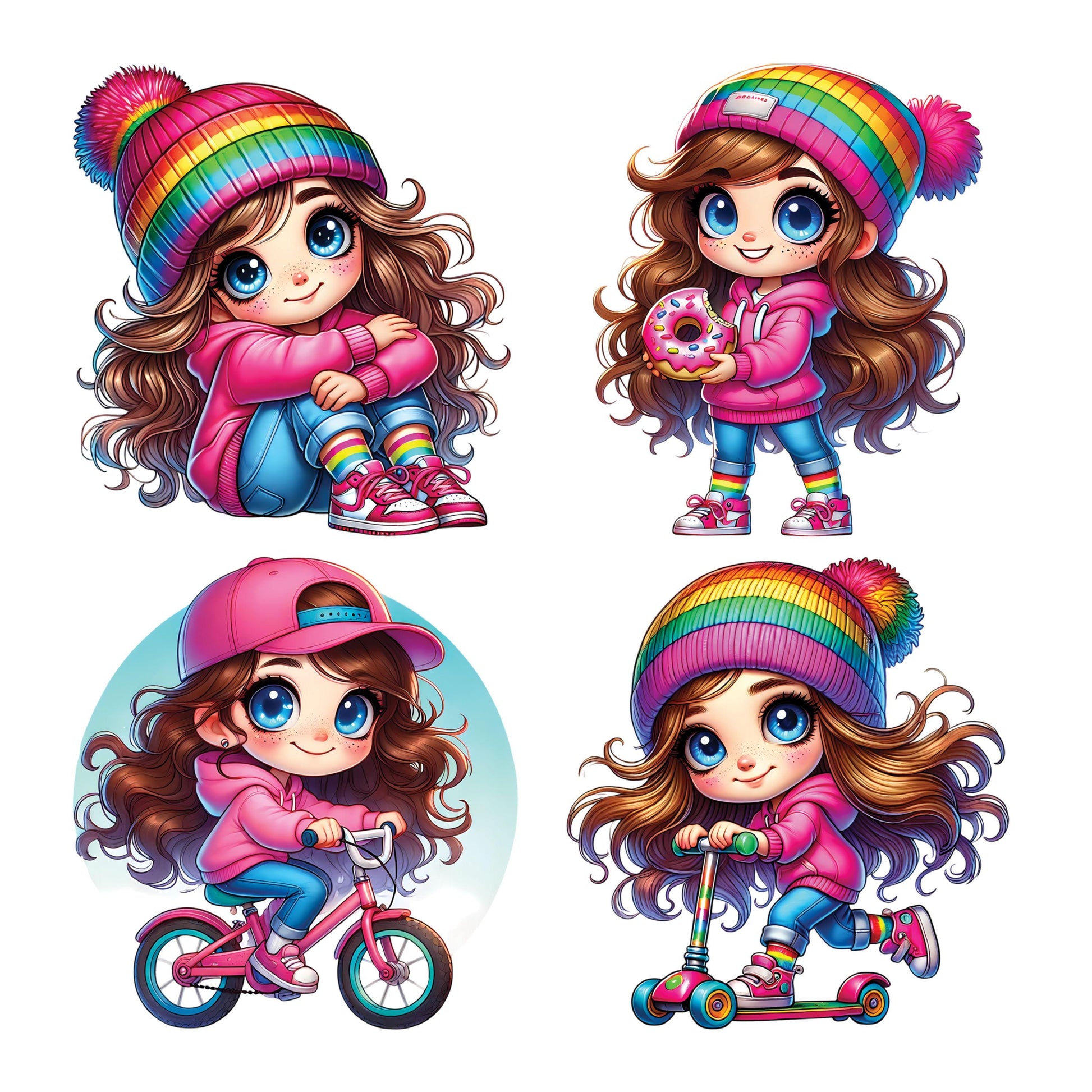 UV DTF Sticker prints. Cute pink girl with rainbow beanie or baseball cap bundle of 4 decals, permanent sticker.#10262