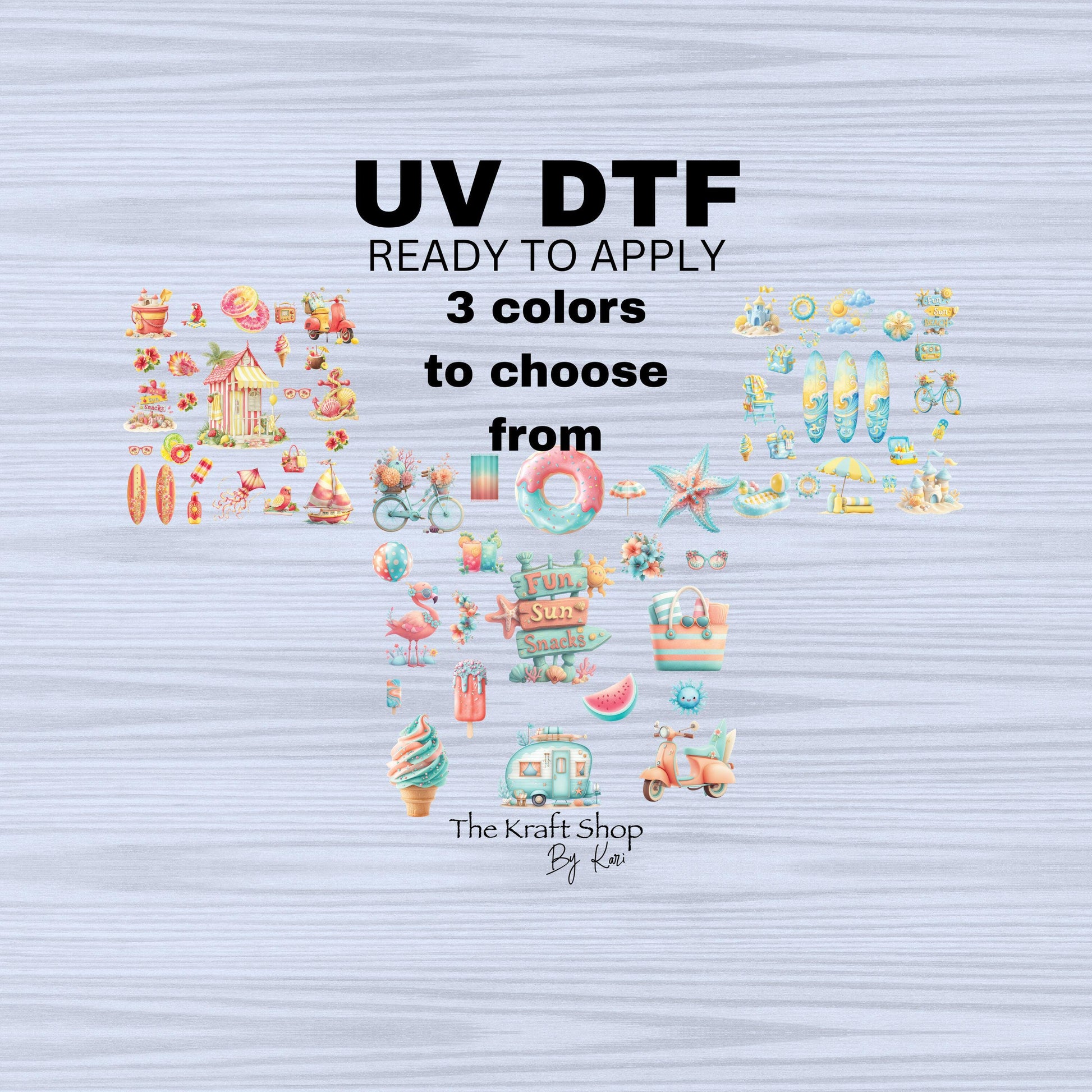 UV DTF Sticker prints. Beach elements sheets bundle of decal, red yellow teal coral blue permanent sticker. #10259