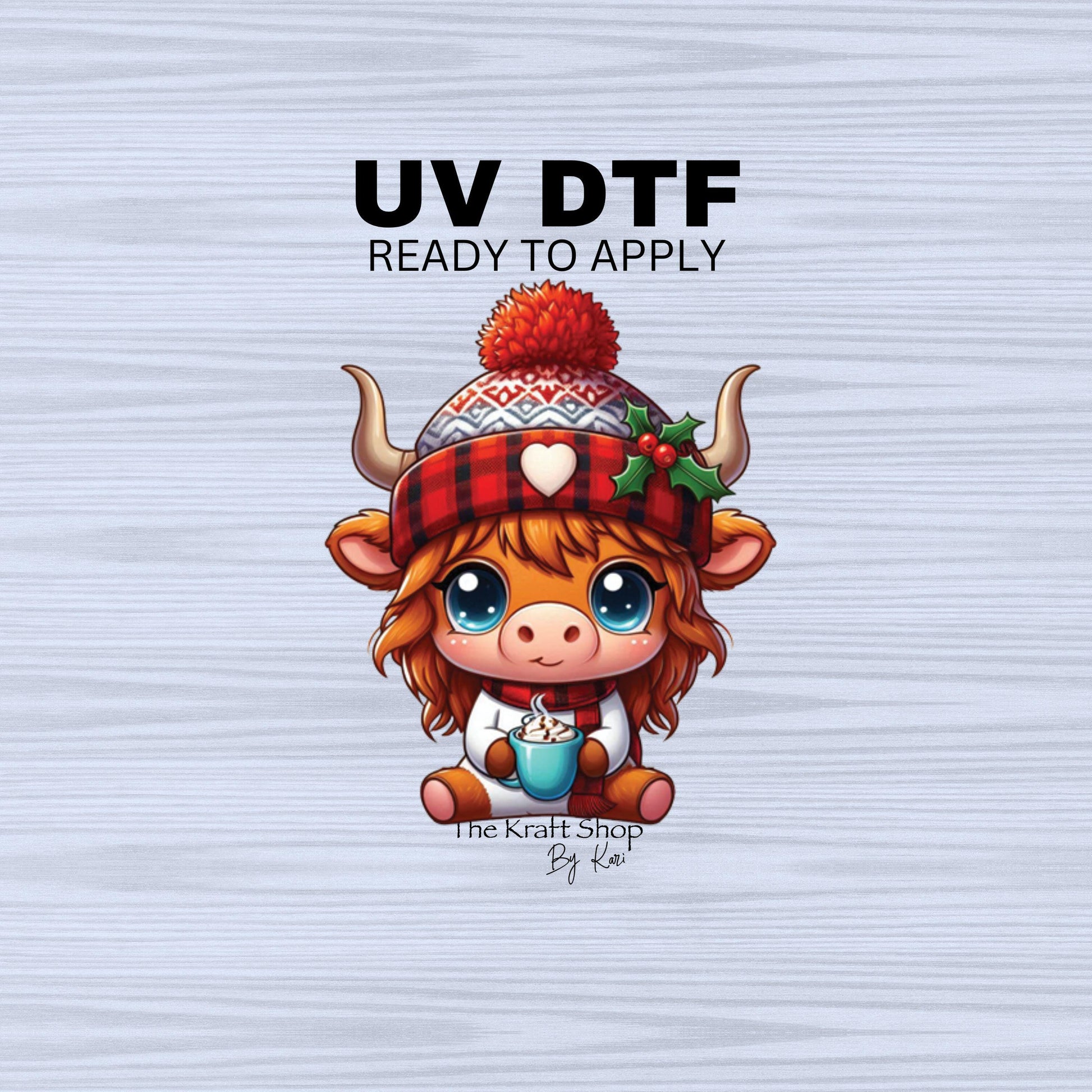 UV DTF Sticker prints. Hot cocoa highland cow with beanie decals, permanent sticker.#1074
