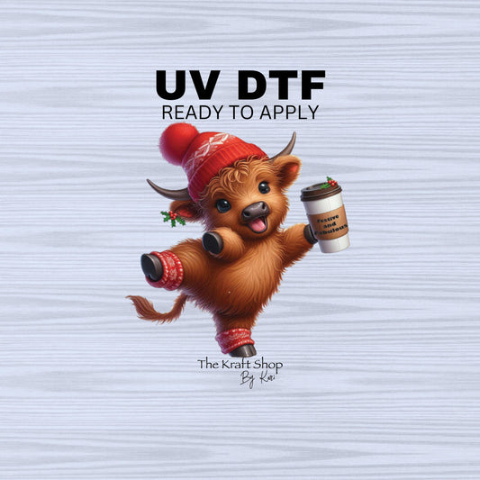 UV DTF Sticker prints. Dancing Christmas highland cow with coffee and beanie festive and fabulous decals, permanent sticker.#7293