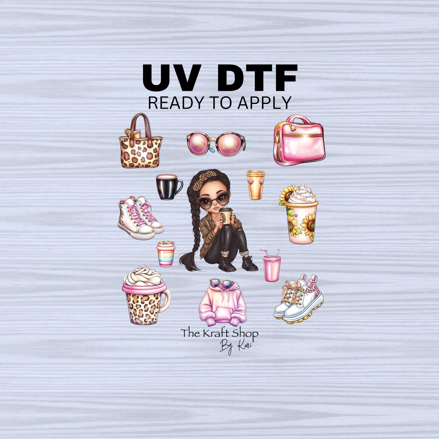 UV DTF Sticker prints. Braided sassy coffee Mom with sunglasses elements sheets bundle of decals, permanent sticker. #10264