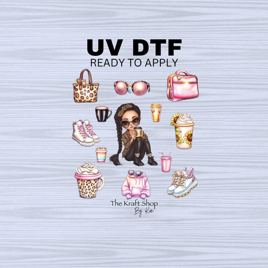 UV DTF Sticker prints. Braided sassy coffee Mom with sunglasses elements sheets bundle of decals, permanent sticker. #10264