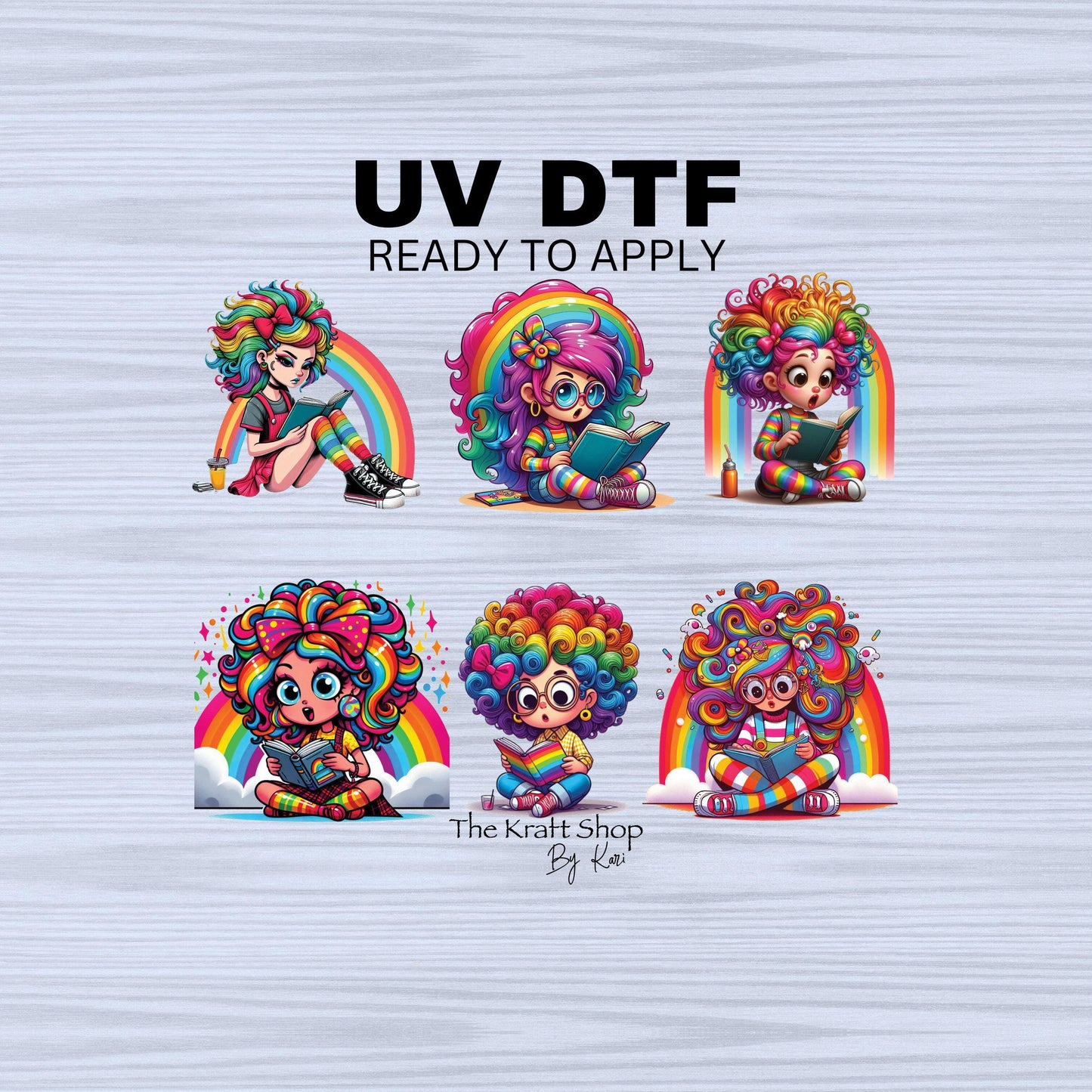 UV DTF Sticker print. Rainbow quirky girls reading books decal, tumbler decal, permanent sticker. #10265