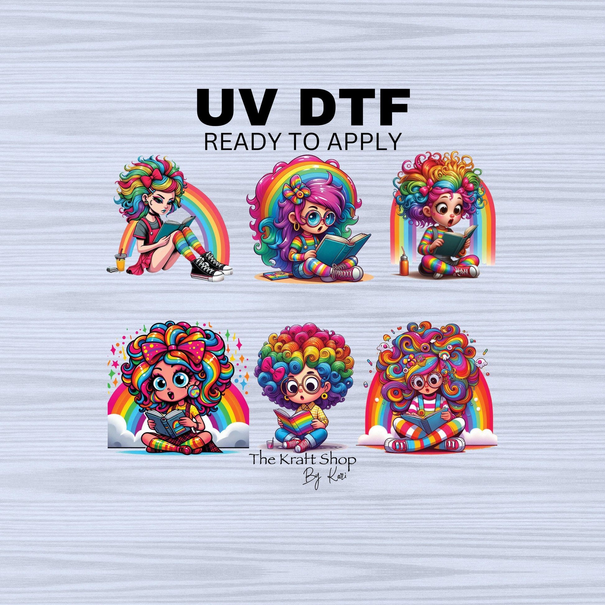 UV DTF Sticker print. Rainbow quirky girls reading books decal, tumbler decal, permanent sticker. #10265