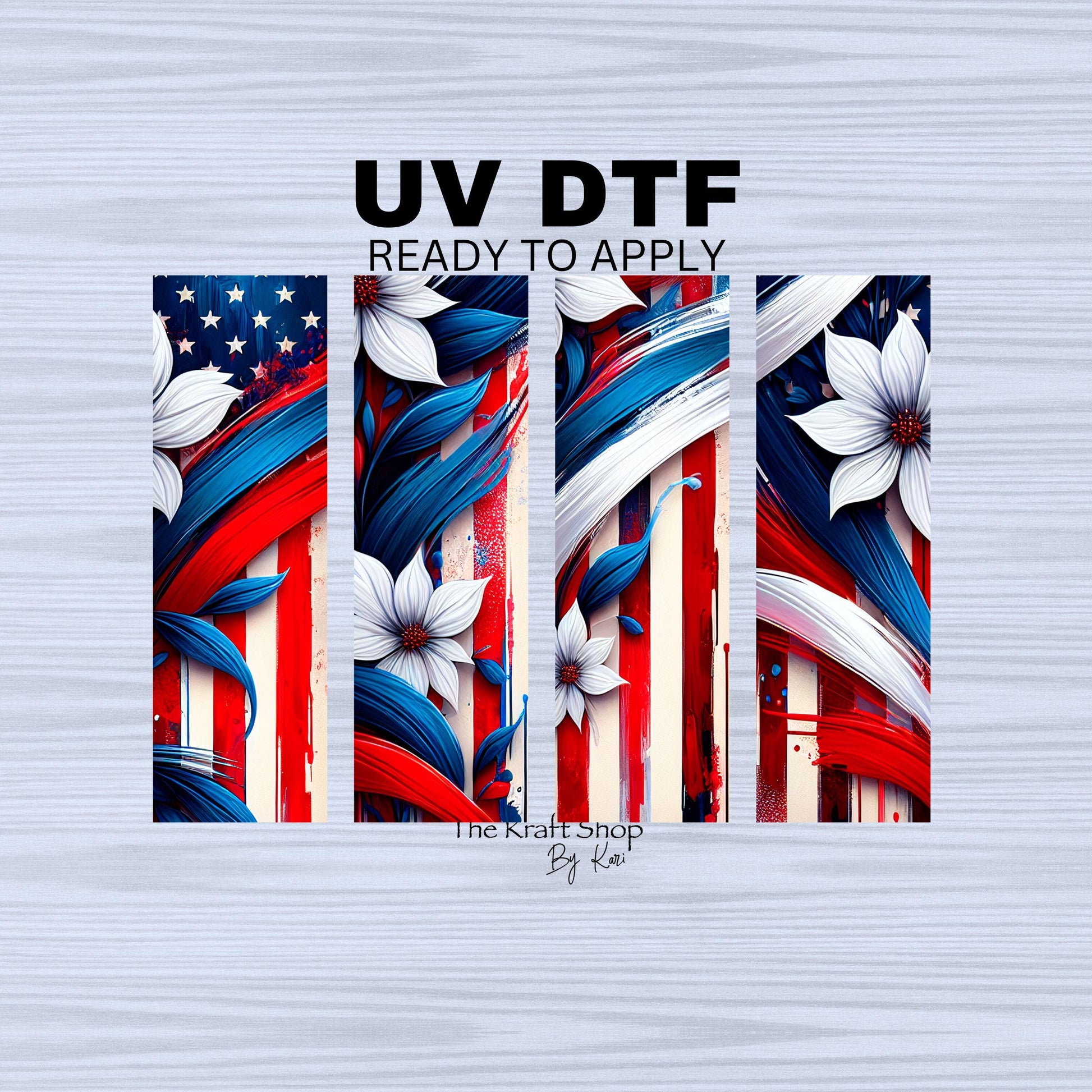 UV DTF Pen Wrap Ready To Apply American flag and flowers Bundle of 4 Uv Dtf Pen wraps with colored background. #8031