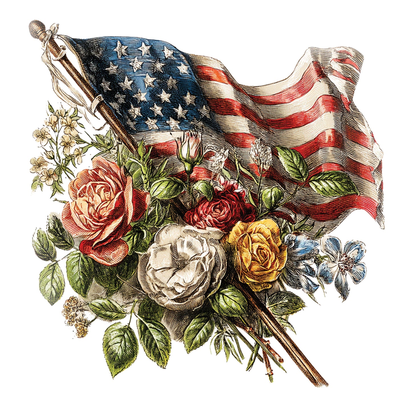 UV DTF Sticker print. Rustic Flag American Flag in the wind with flowers decal, tumbler decal, permanent sticker. #7311