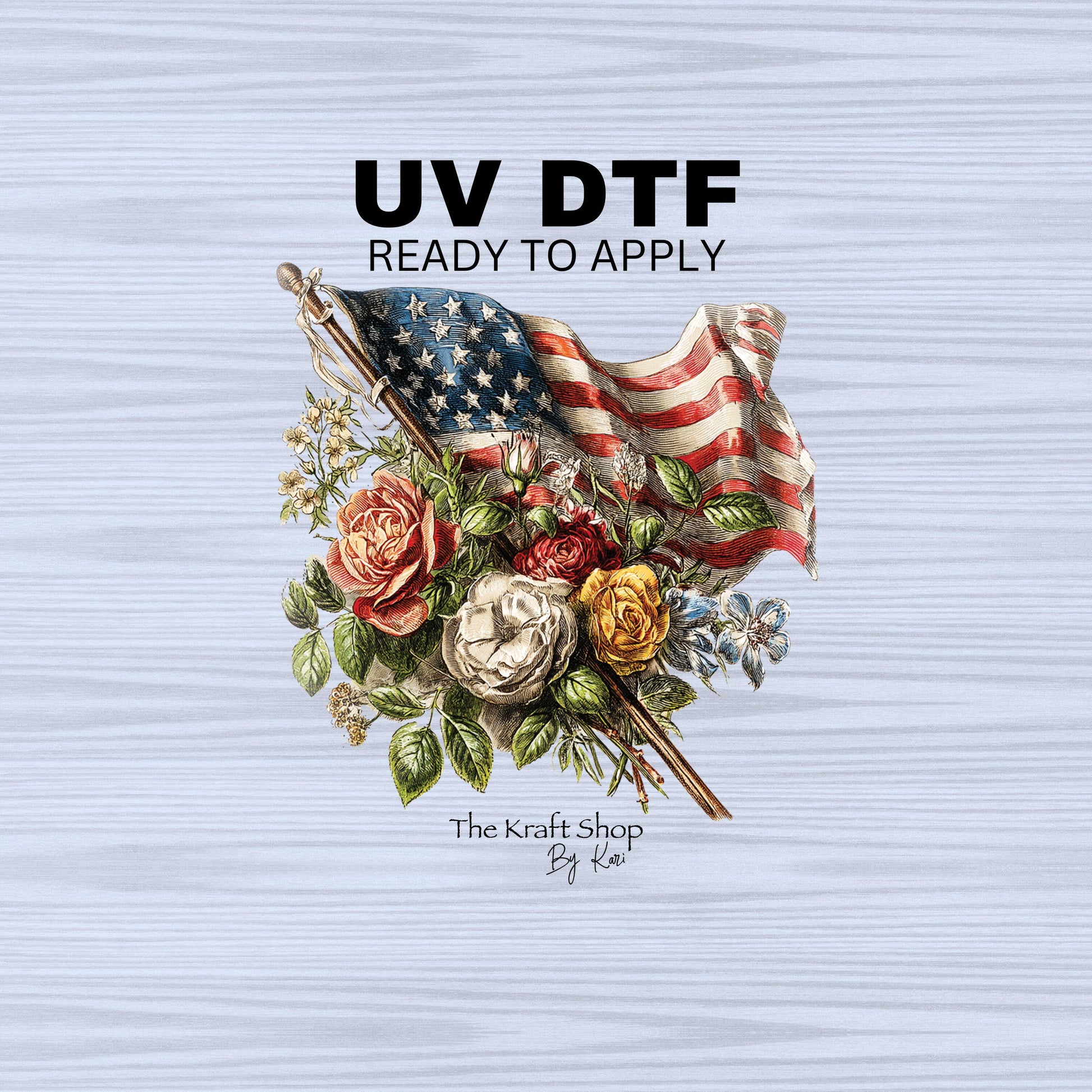 UV DTF Sticker print. Rustic Flag American Flag in the wind with flowers decal, tumbler decal, permanent sticker. #7311