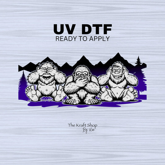 UV DTF Sticker print. Bigfoot sasquatch in the mountains hear no evil decals tumbler decal. Glass can wrap. #5321