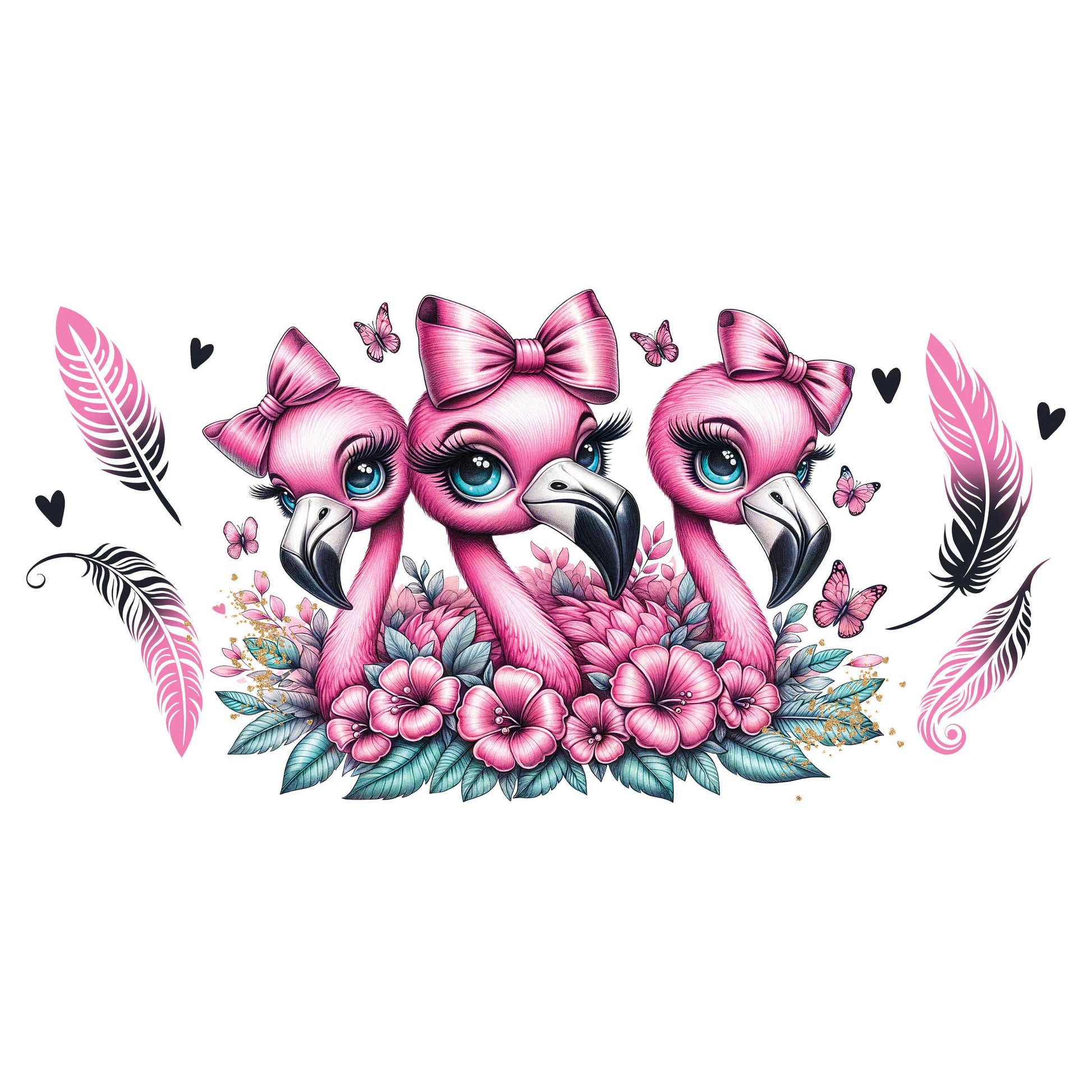 UV DTF Sticker print. Flamingo trio with feathers pink black decals tumbler decal. Glass can wrap. #5323