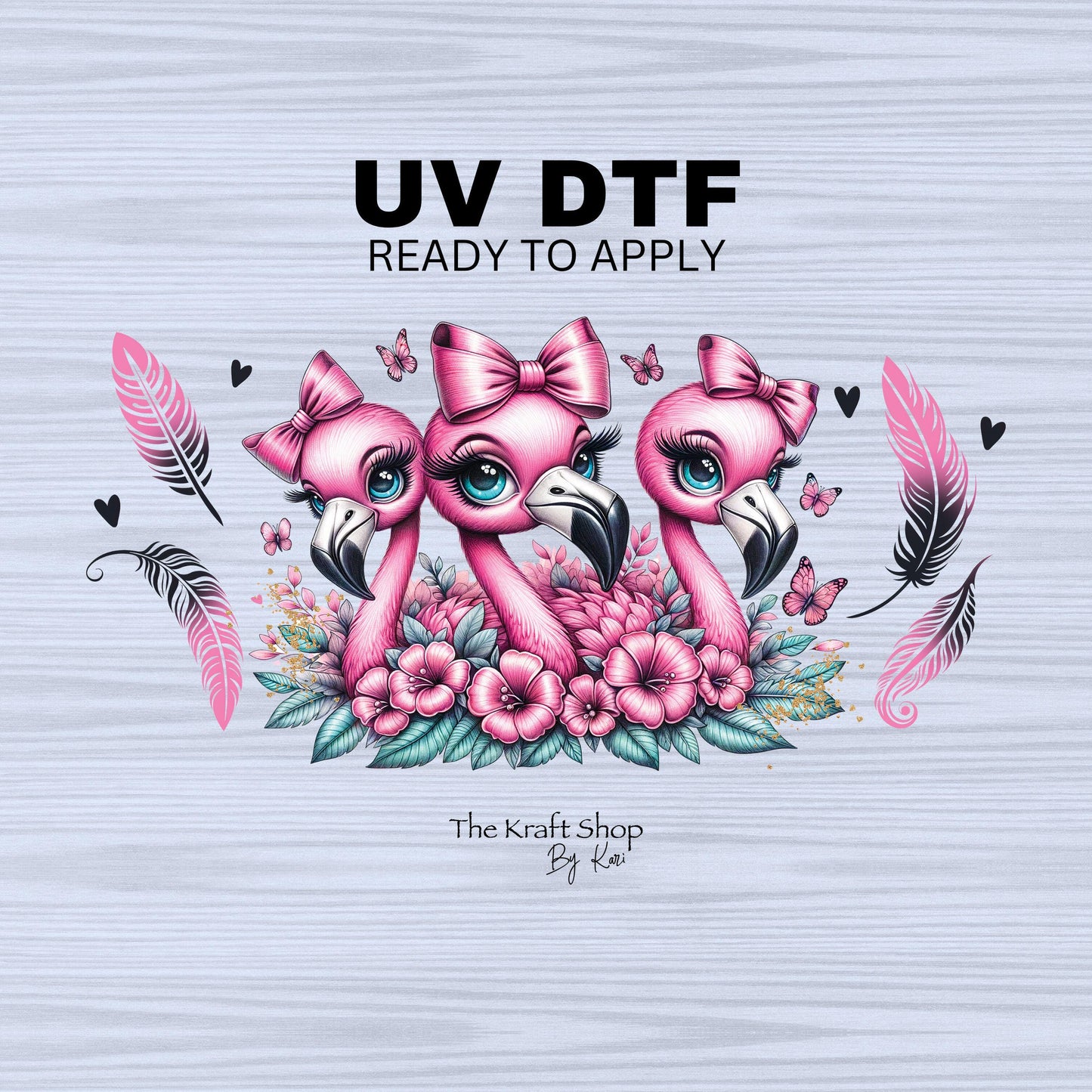 UV DTF Sticker print. Flamingo trio with feathers pink black decals tumbler decal. Glass can wrap. #5323