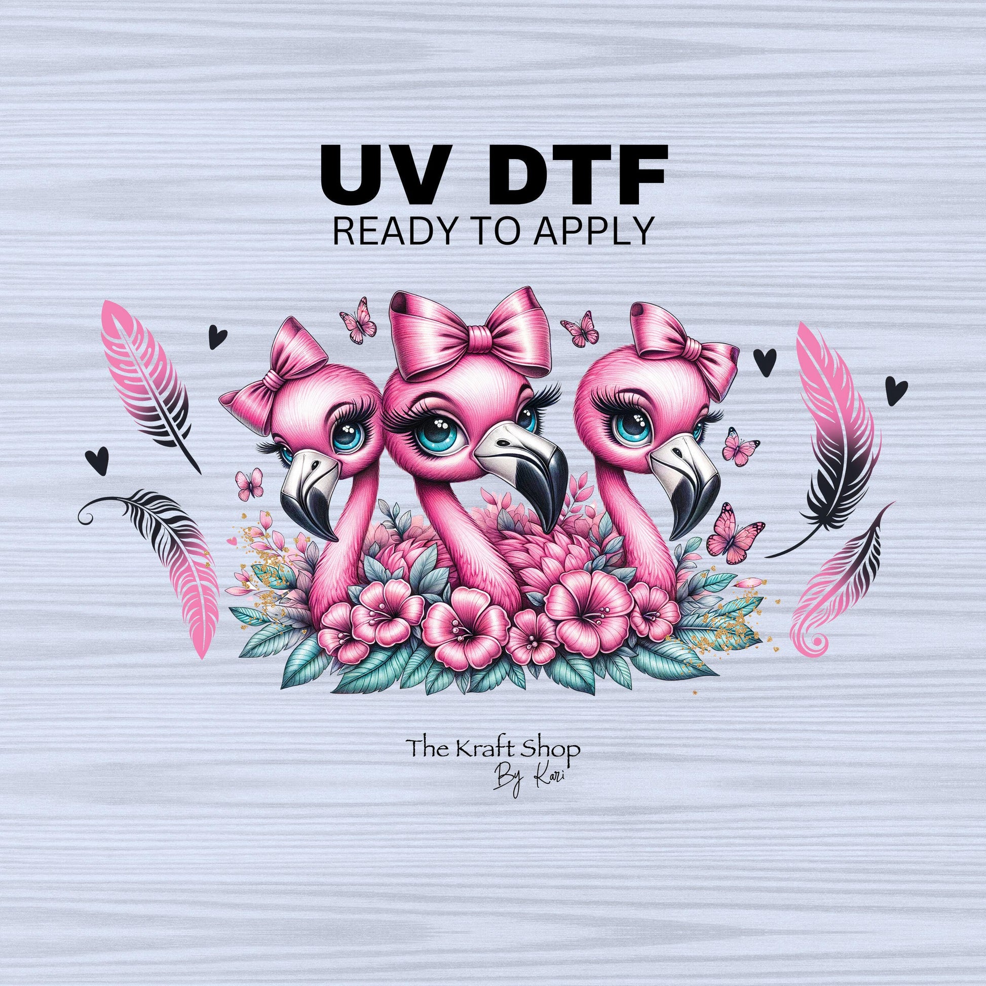 UV DTF Sticker print. Flamingo trio with feathers pink black decals tumbler decal. Glass can wrap. #5323