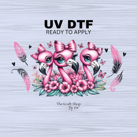 UV DTF Sticker print. Flamingo trio with feathers pink black decals tumbler decal. Glass can wrap. #5323