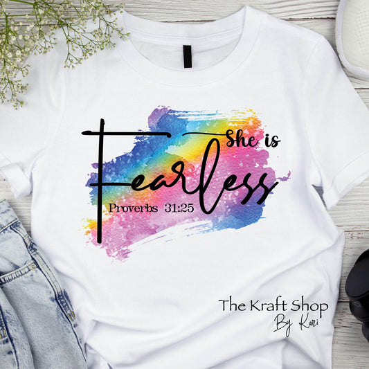DTF ready to press transfer She is fearless proverbs 31:25 rainbow colors paint swipe shirt transfer, DTF Print #11457