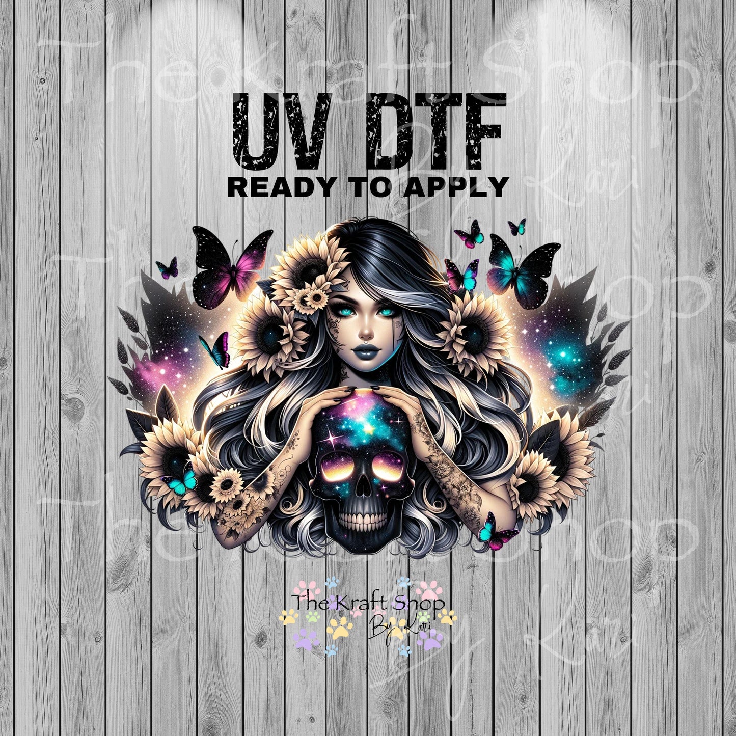 UV DTF Sticker print. Girl with tattoos and skull goth wrap decals tumbler decal. Glass can wrap. #5348
